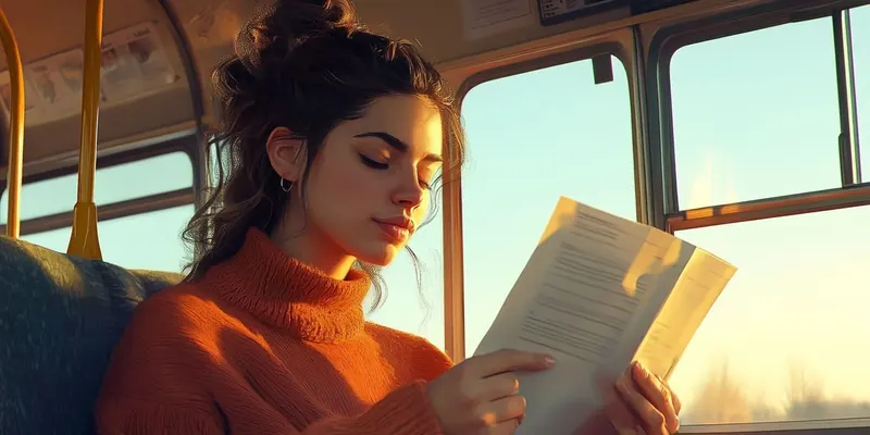 Ilustración de la app: una joven repasa sus apuntes sentada en un autobús.