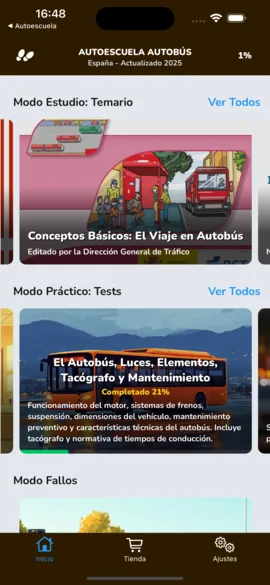 Inicio de la app: el temario y el primer tema de tests, «El Autobús, Luces, Elementos, Tacógrafo y Mantenimiento».