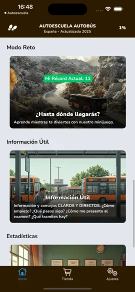 Modo Reto con el récord personal, Información Útil y Estadísticas.