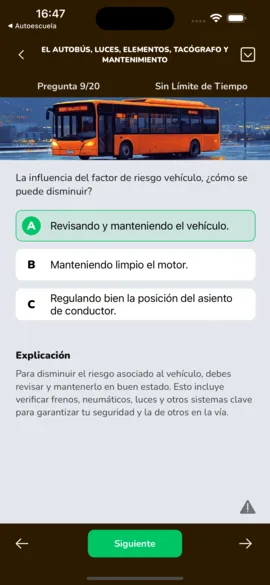 Una pregunta del test: «Pregunta 9/20», tres opciones, la correcta marcada en verde y su explicación.