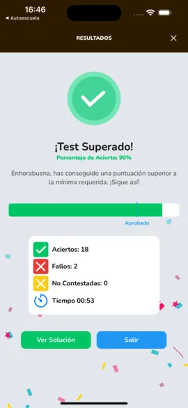 Resultados de un test: «¡Test Superado!», 18 aciertos, 2 fallos y el tiempo.