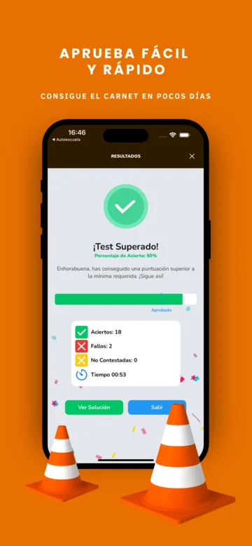 Imagen de la tienda: «Aprueba fácil y rápido», con la pantalla de ¡Test Superado!