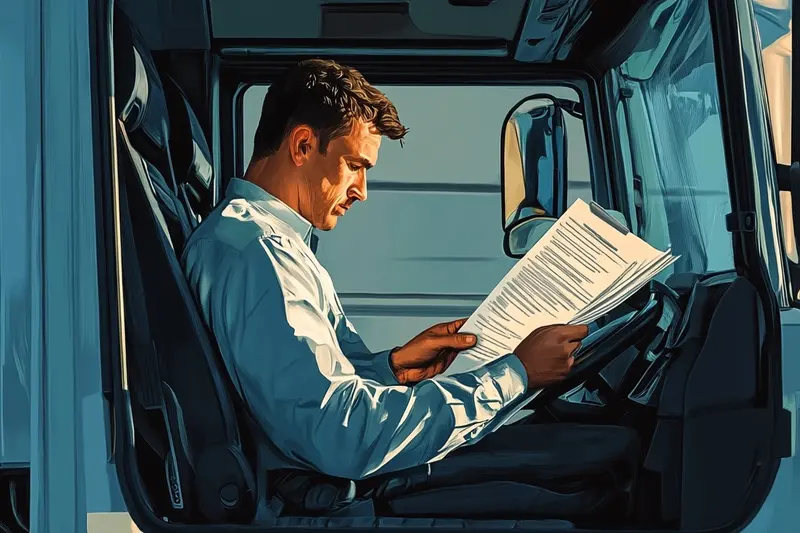 Ilustración de la app: un conductor repasa unos papeles sentado en la cabina del camión.