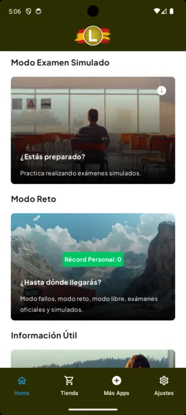 Modo Examen Teórico y Modo Reto con el récord personal.