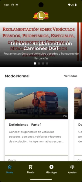Inicio de la app: el temario de vehículos pesados y los tests del modo normal, empezando por «Definiciones, parte 1».