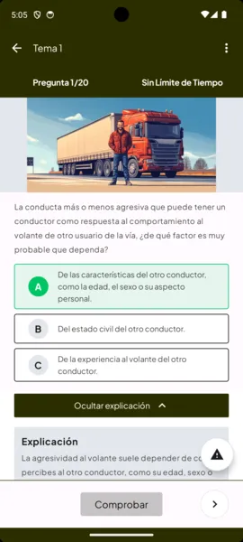 Una pregunta del Tema 1: «Pregunta 1/20», tres opciones, la respuesta marcada en verde y su explicación.