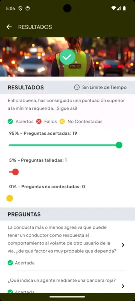 Resultados de un test: 95 % de aciertos, fallos y repaso de preguntas.