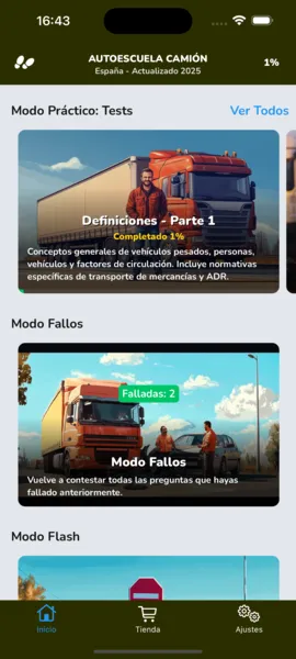 Modo Práctico: tests por temas con una ilustración y el avance de cada uno, y debajo el Modo Fallos.