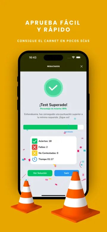 Imagen de la tienda: «Aprueba fácil y rápido», con la pantalla de Test Superado.