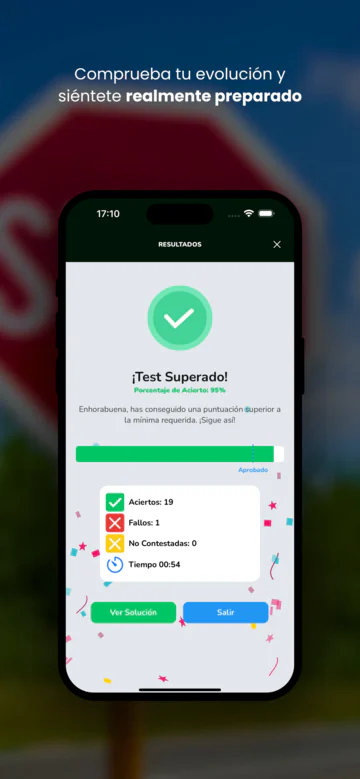 Imagen de la tienda: «Comprueba tu evolución y siéntete realmente preparado», con la pantalla de Test Superado.