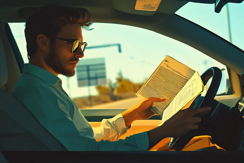 Ilustración: un joven sentado al volante repasa sus apuntes.
