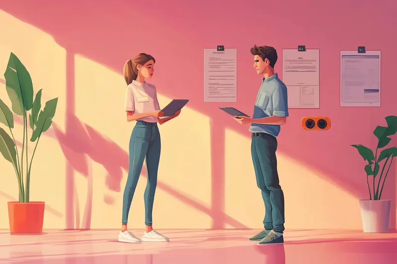 Ilustración: dos personas revisan papeles en una oficina.