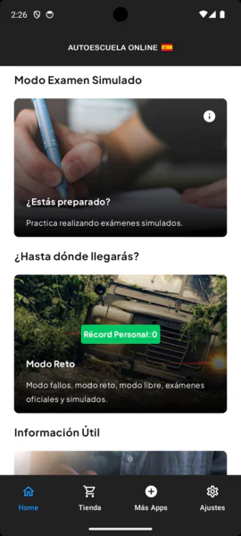 Modo Examen Simulado y Modo Reto con el récord personal.