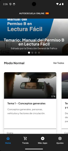 Inicio de la app: el temario en PDF y la lista de tests del Modo Normal.