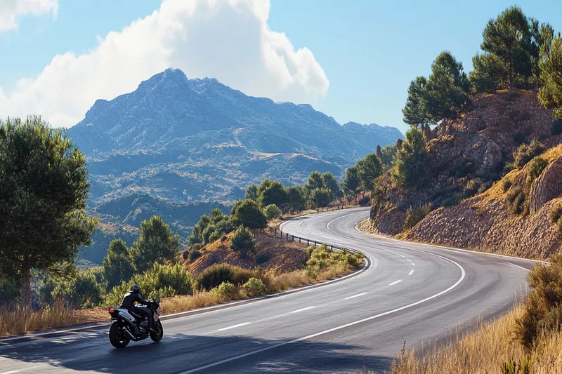 Ilustración de la app: un motorista por una carretera de curvas entre montañas.