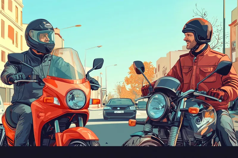 Ilustración de la app: dos motoristas en una calle de ciudad entre coches.
