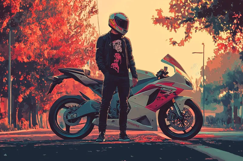 Ilustración de la app: motorista con casco junto a una moto deportiva en una carretera con árboles rojos.