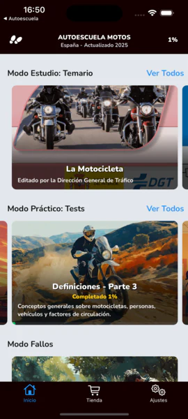 Inicio de la app: el temario «La Motocicleta» de la DGT y los tests de Definiciones.