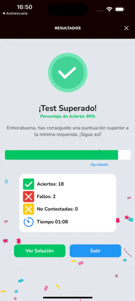 Resultados de un test: «Test Superado», 18 aciertos y 2 fallos.