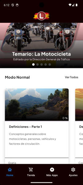 Lista de tests del modo normal, con una foto y el avance de cada test.
